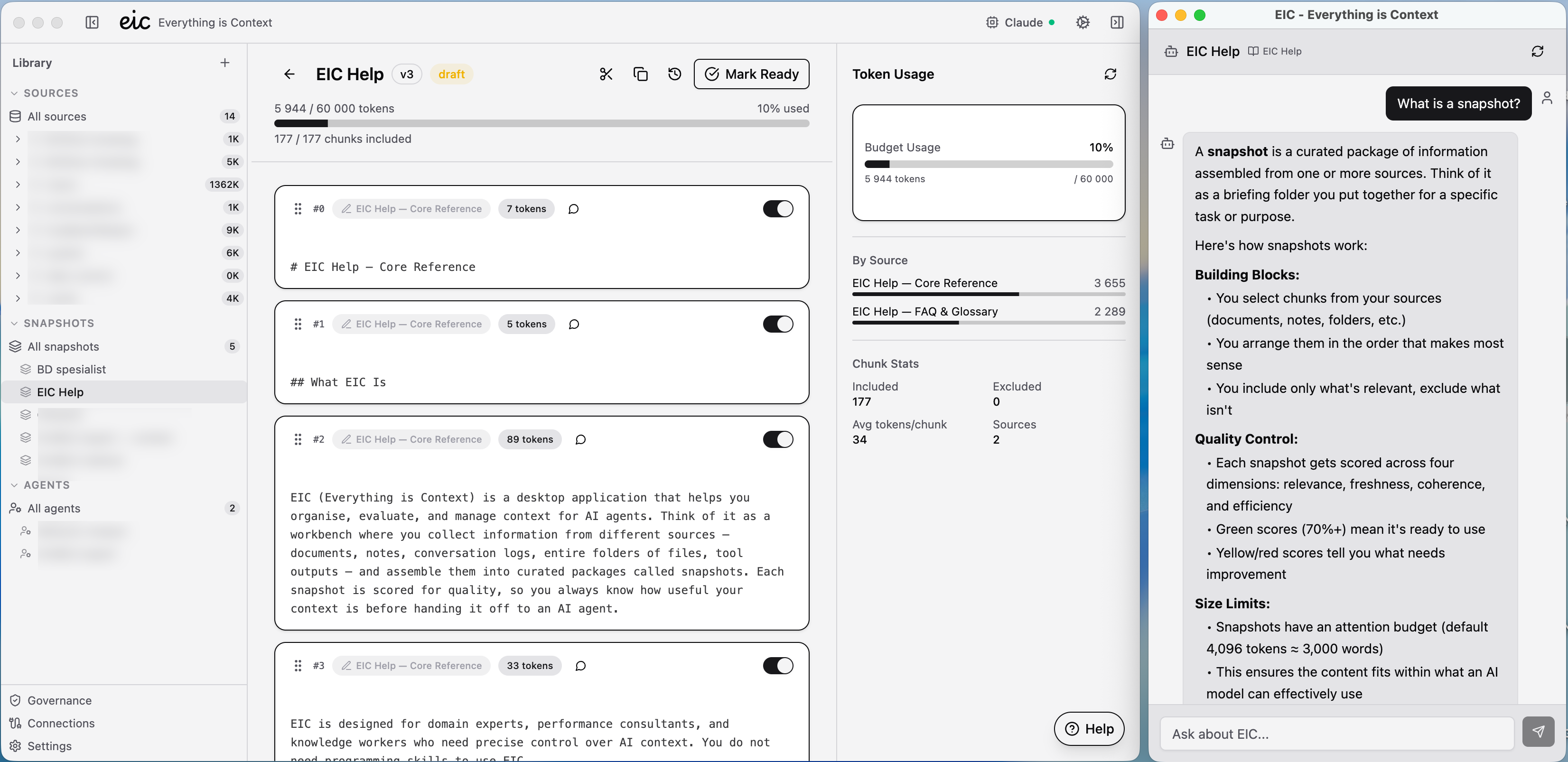 The EIC workbench: a library of sources on the left, a snapshot being assembled from chunks in the middle with a token budget meter, and the built-in help assistant answering a question on the right.