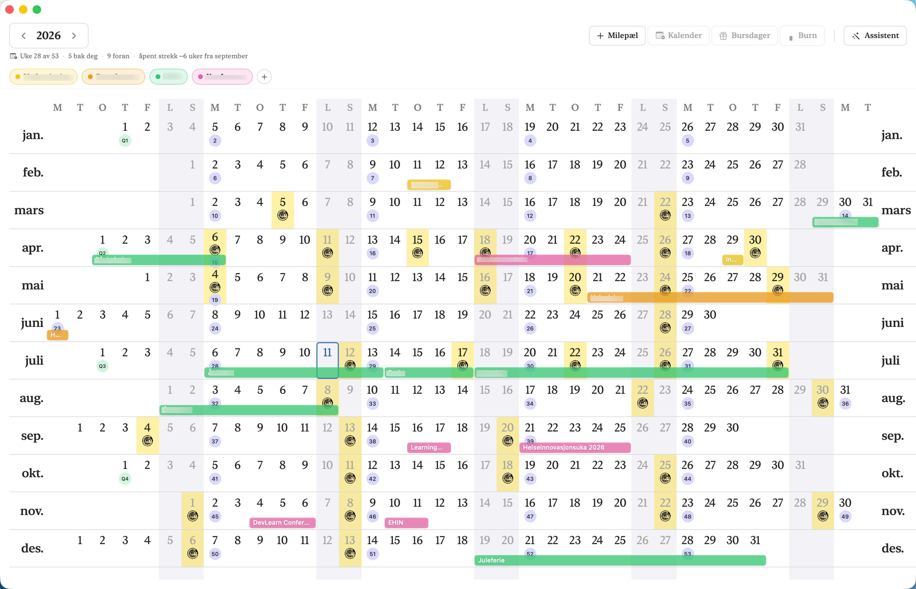 Linear Calendar showing all of 2026: each month is a row, with milestones as colored bars, Apple Calendar events as dots, birthdays as small faces, and week numbers along the way.