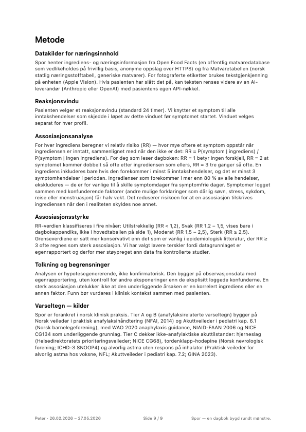 Pasientnotat side 9 av 9 — metode og kilder
